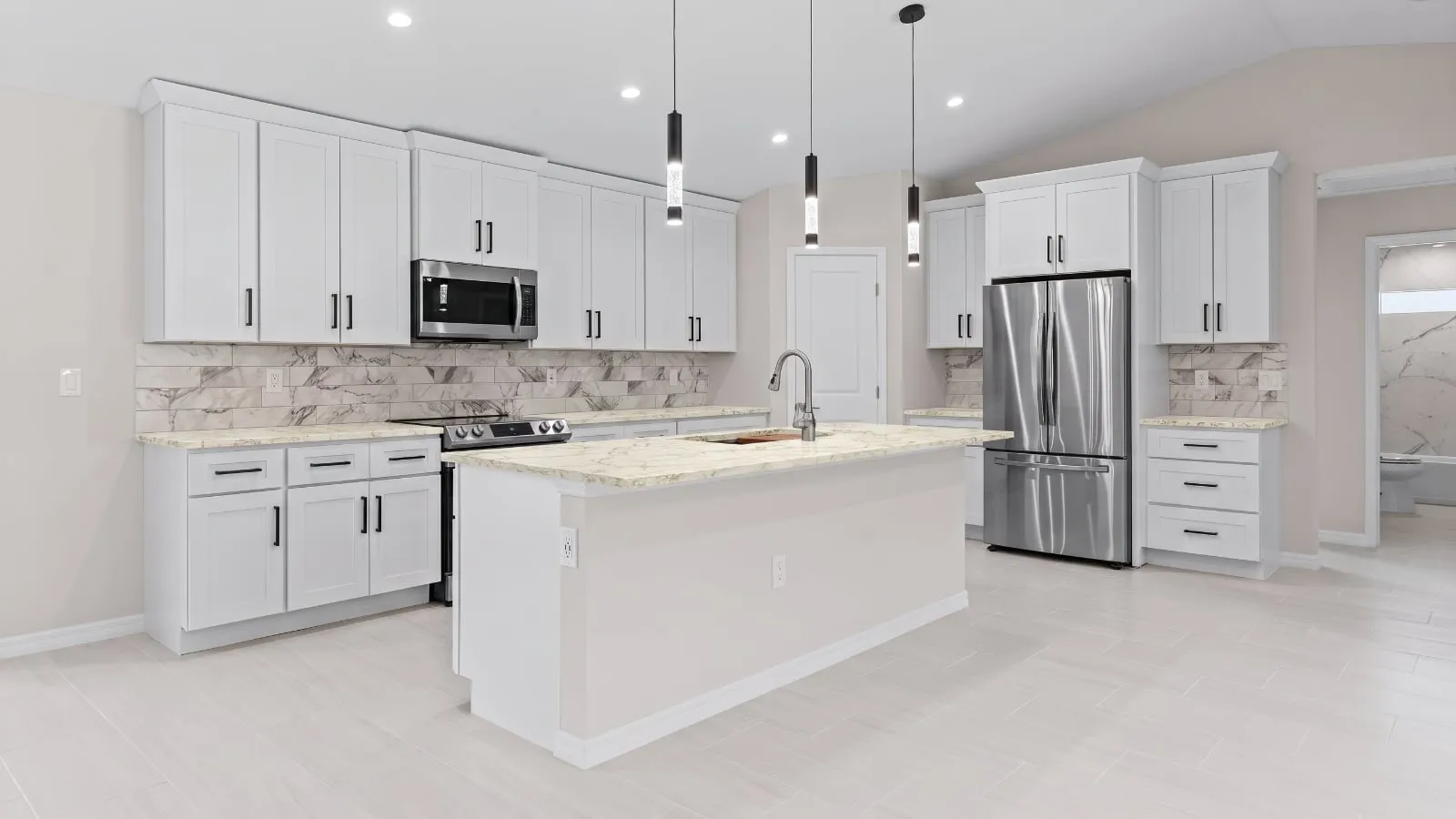 Modern kitchen with Calacatta Monte Cristo Quartz countertop, simulation