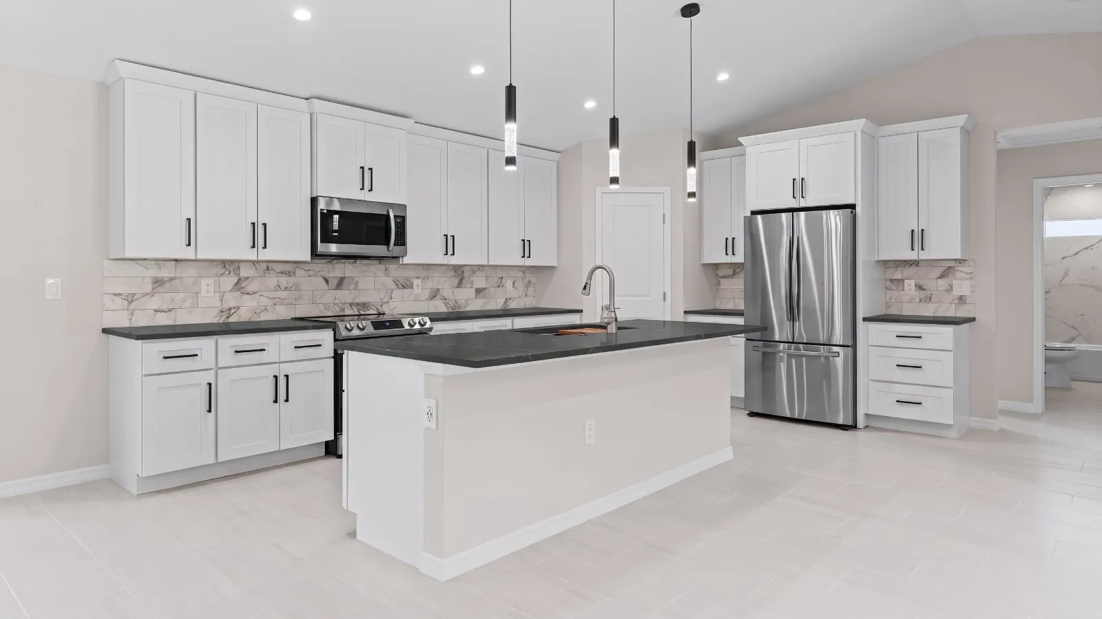 Modern kitchen with Himalaya Black Quartz countertop, simulation