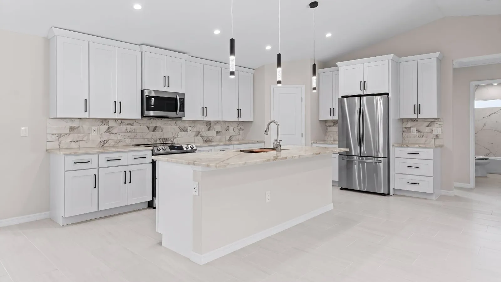 Modern kitchen with Taj Mahal Quartzite countertop, simulation
